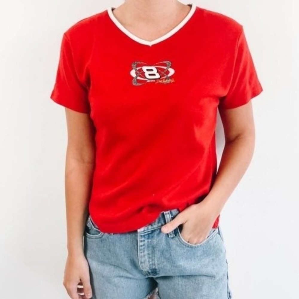 Chase Authentics Dale Earnhardt Jr NASCAR #8 Red V-Neck Ringer T-Shirt Womens L